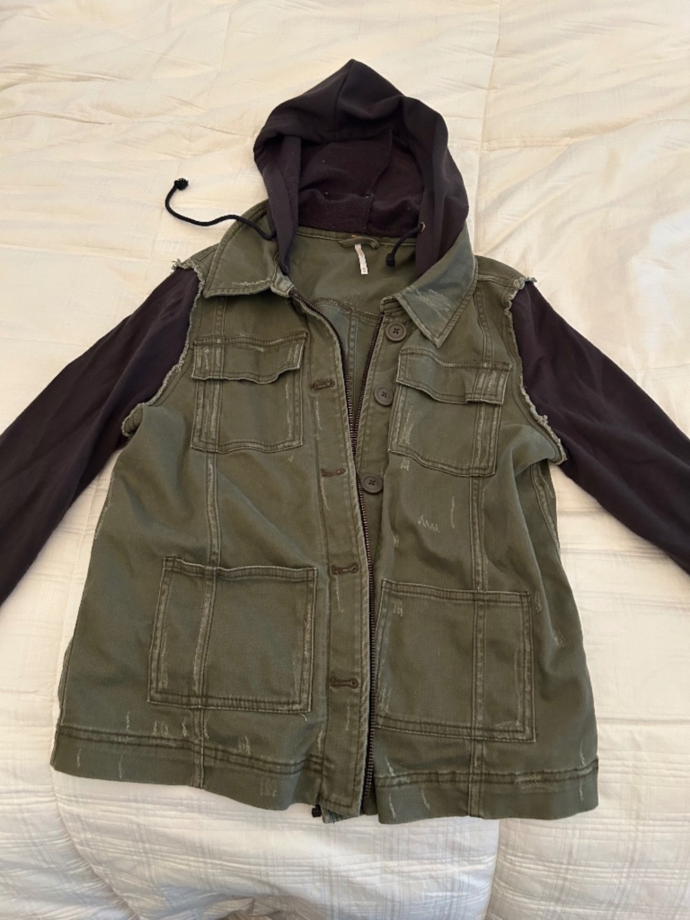 Free People Army Green Distressed Military Cargo Jacket with Black Hoodie